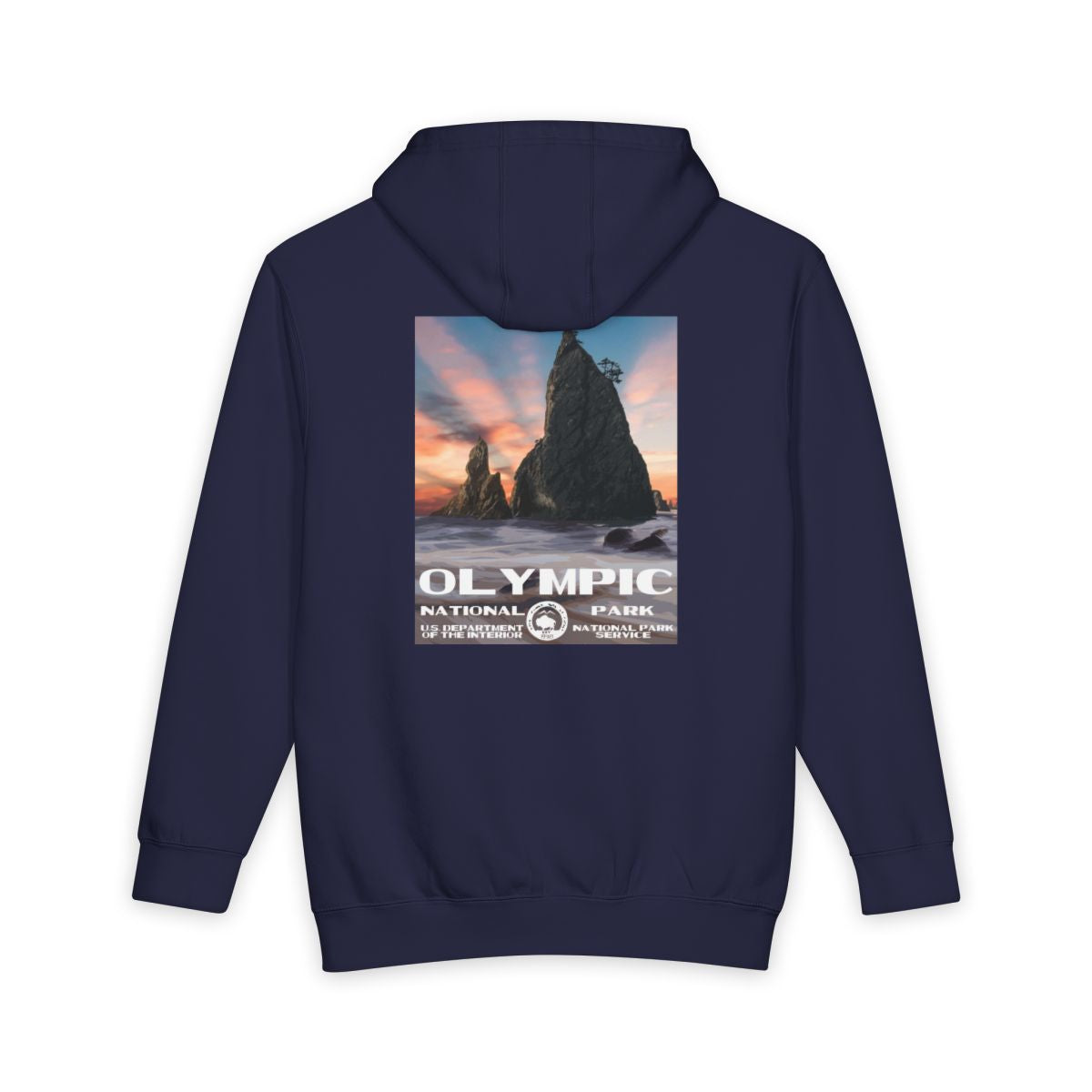 Navy Blue Olympic National Park hoodie, back view with national park poster artwork