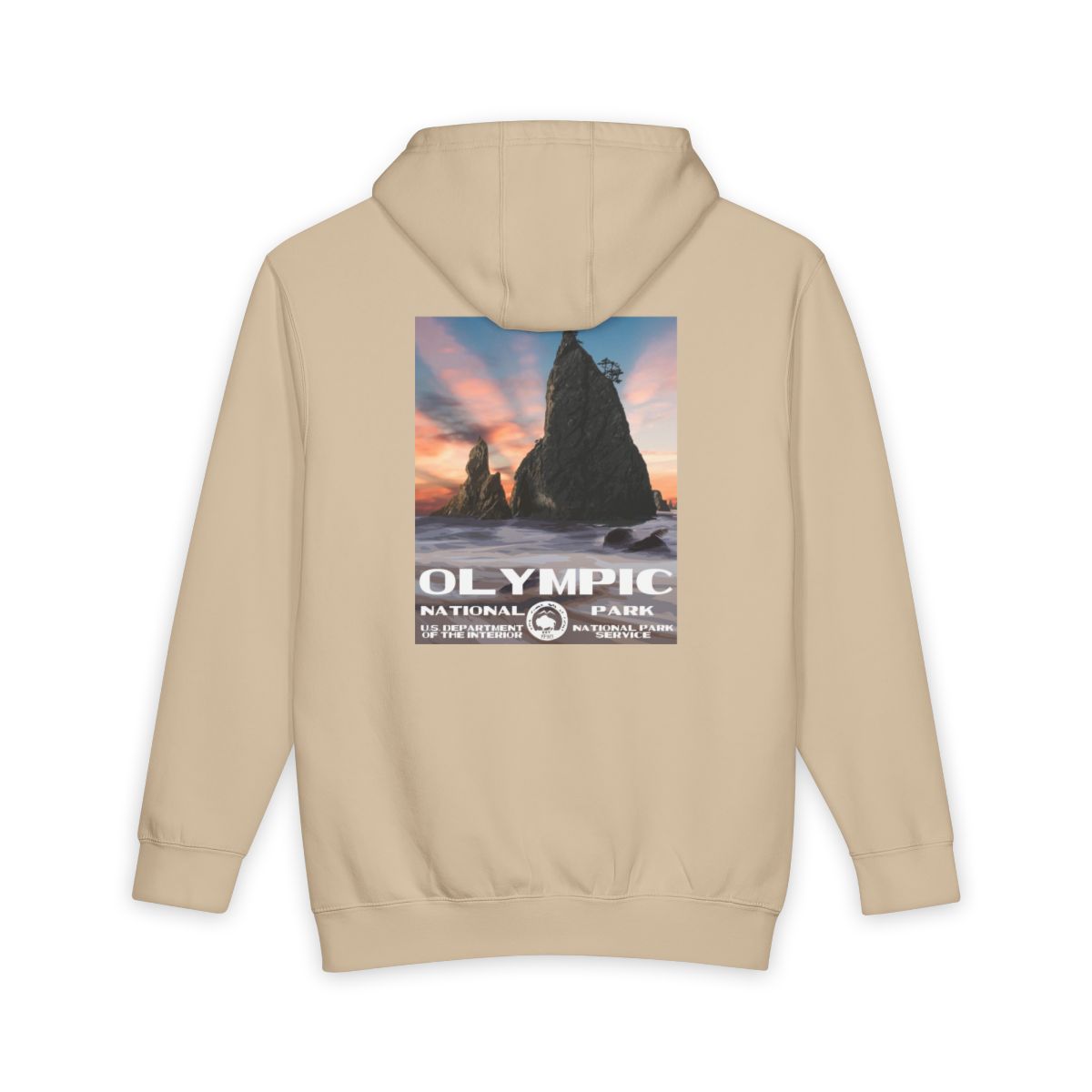 Mushroom Olympic National Park hoodie, back view with national park poster artwork