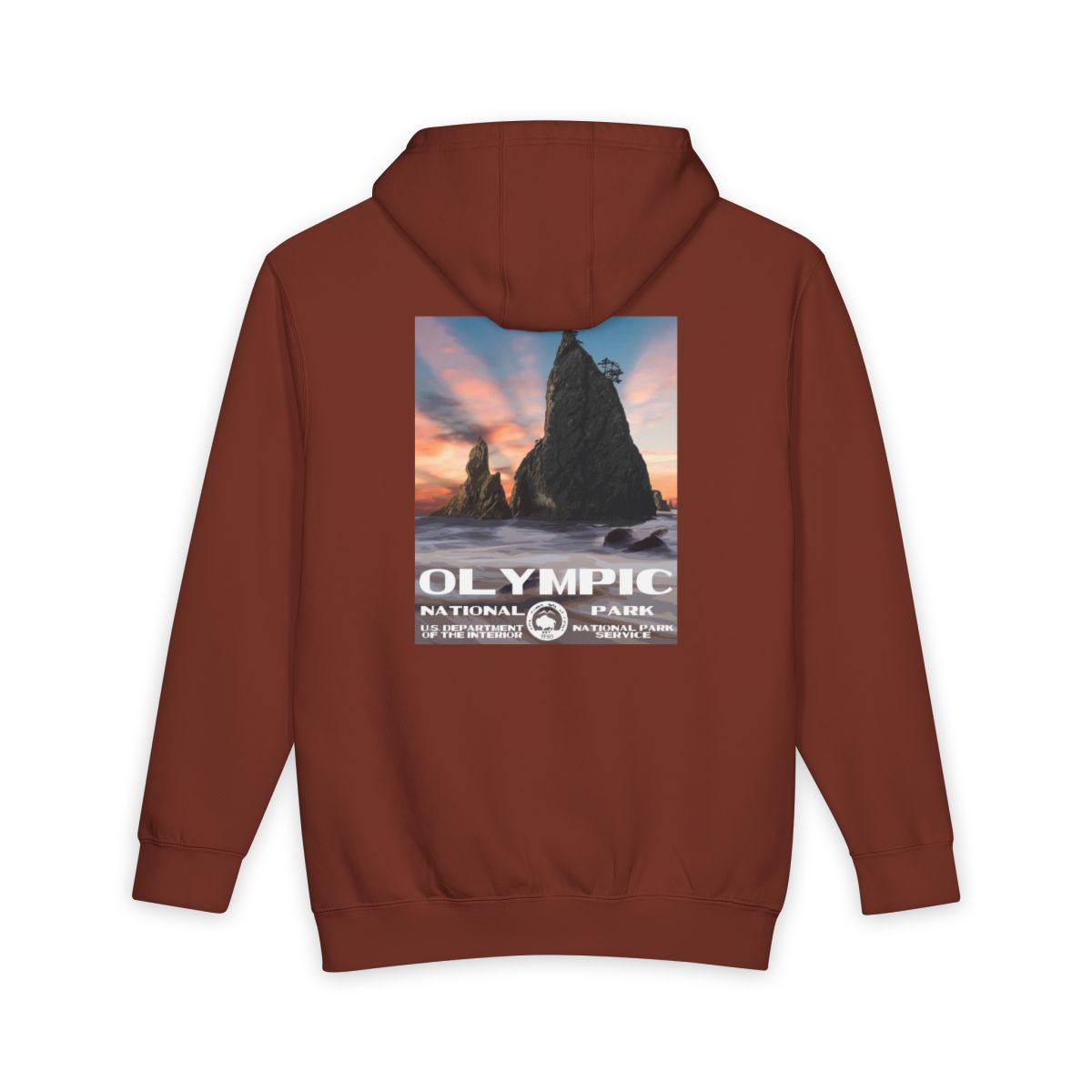Paprika Olympic National Park hoodie, back view with national park poster artwork