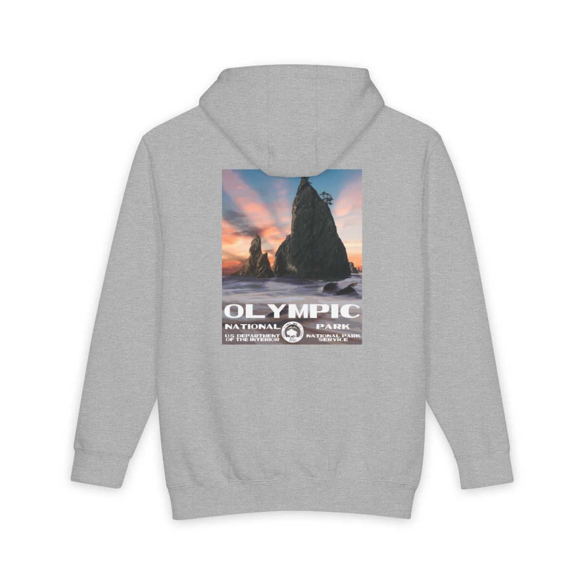 Heather Grey Olympic National Park hoodie, back view with national park poster artwork
