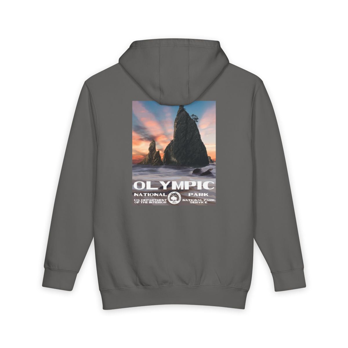Storm Olympic National Park hoodie, back view with national park poster artwork