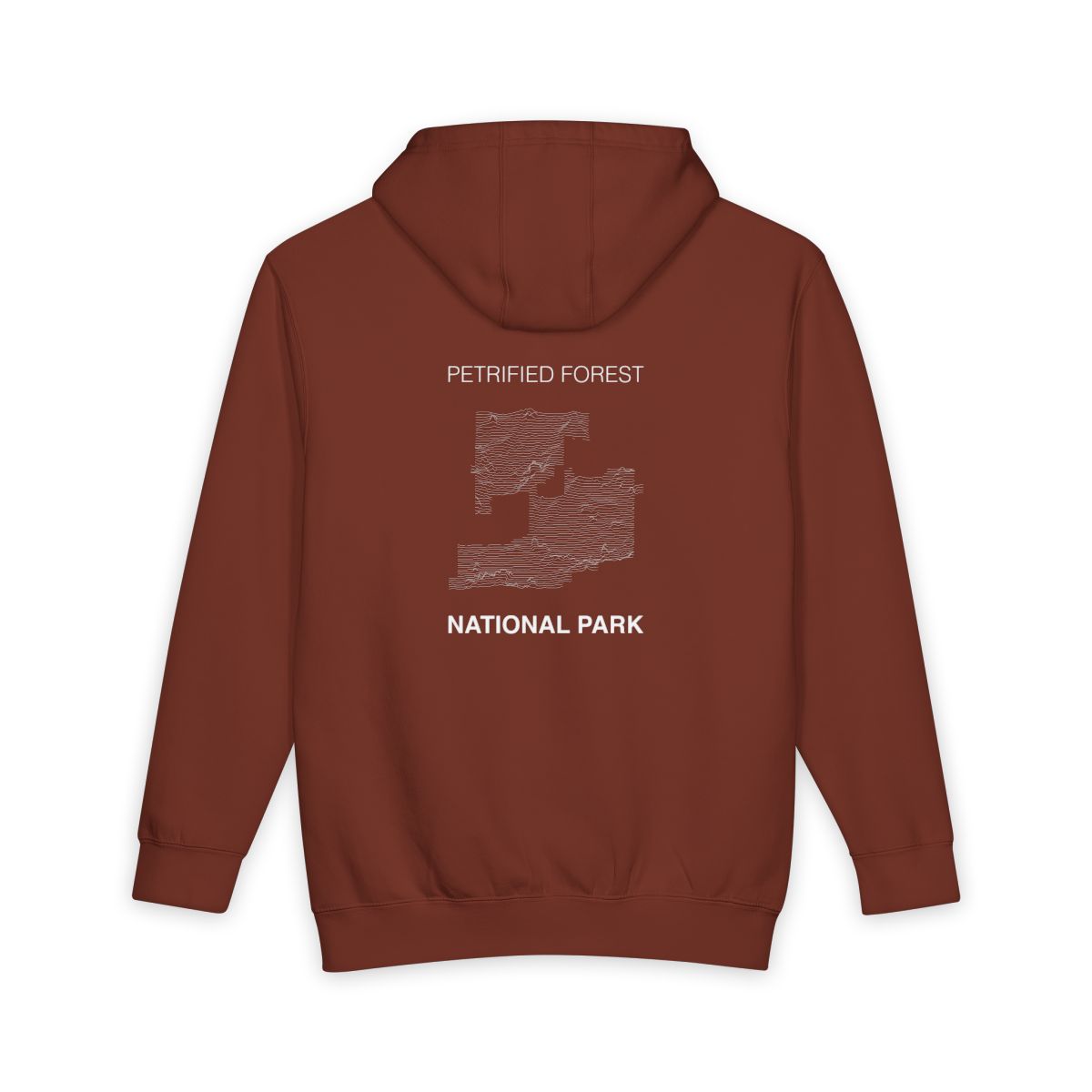 Paprika Petrified Forest National Park hoodie, back view with topographic line design