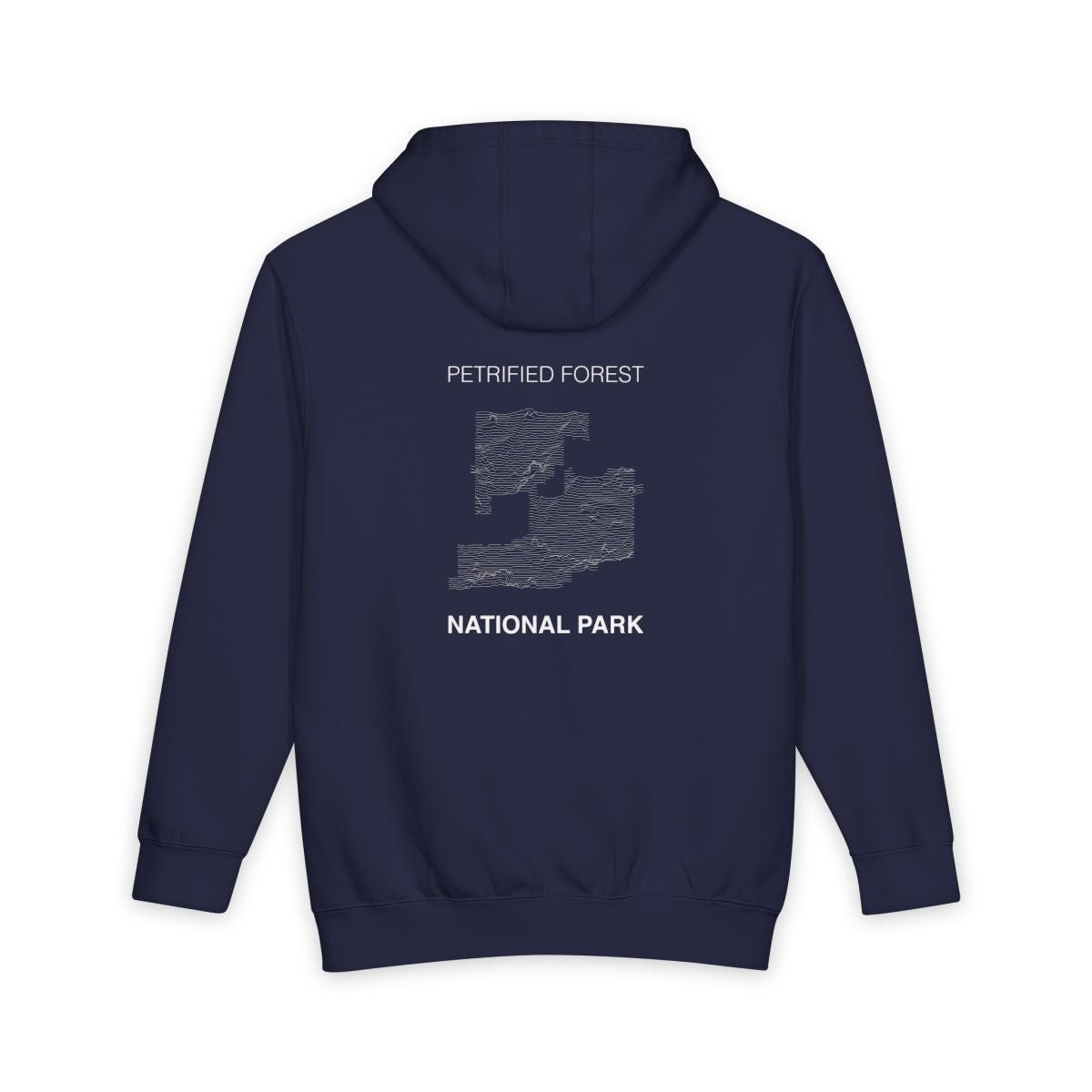 Navy Blue Petrified Forest National Park hoodie, back view with topographic line design