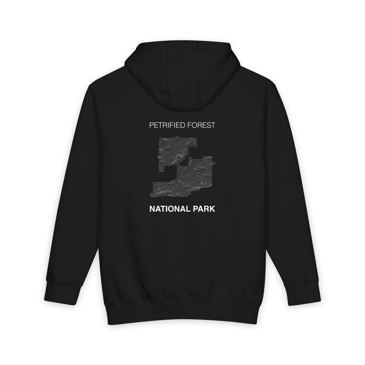Black Petrified Forest National Park hoodie, back view with topographic line design