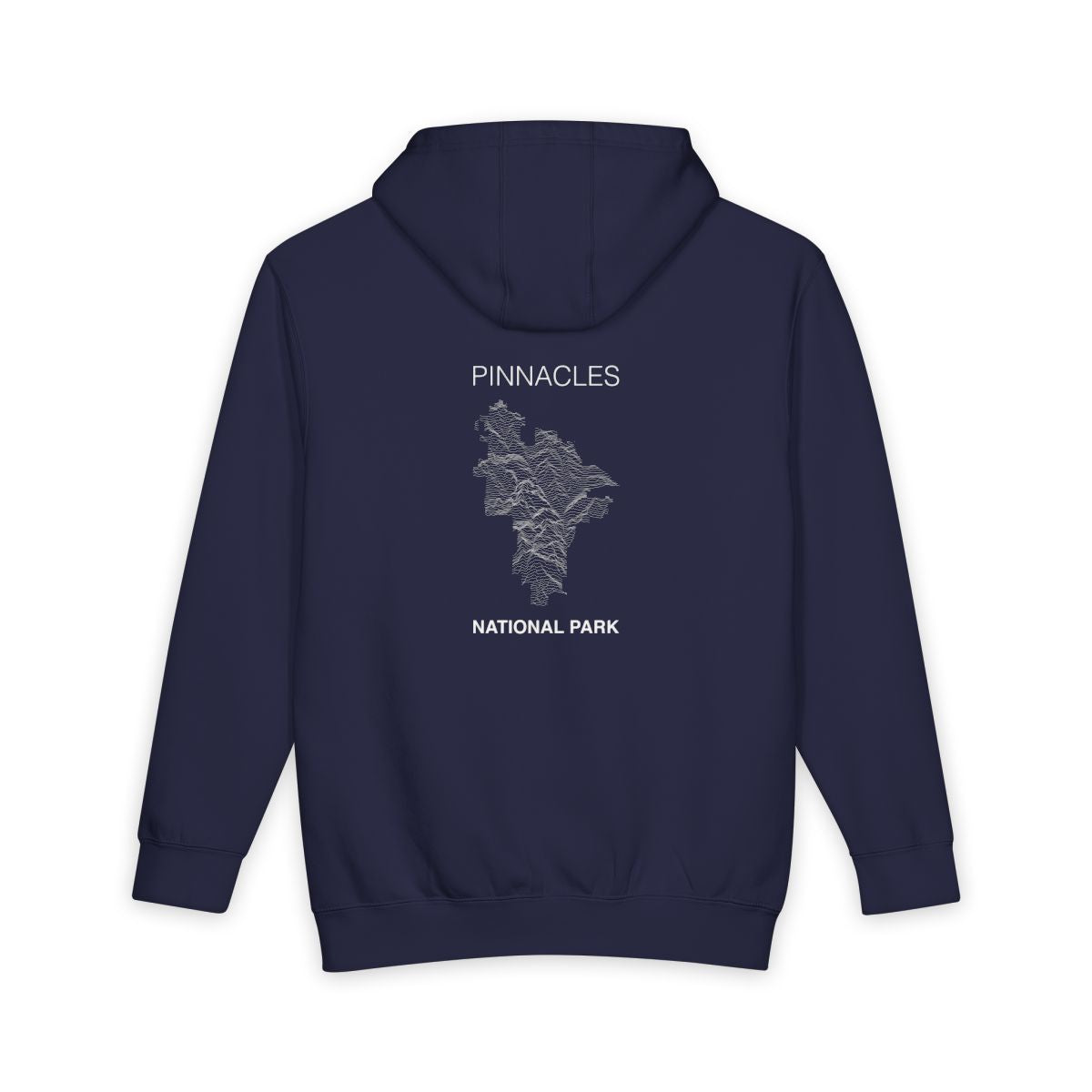 Navy Blue Pinnacles National Park hoodie, back view with topographic line design