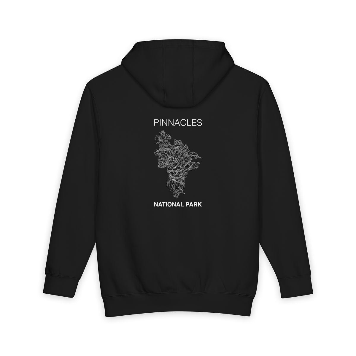 Black Pinnacles National Park hoodie, back view with topographic line design