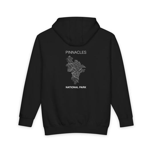 Black Pinnacles National Park hoodie, back view with topographic line design