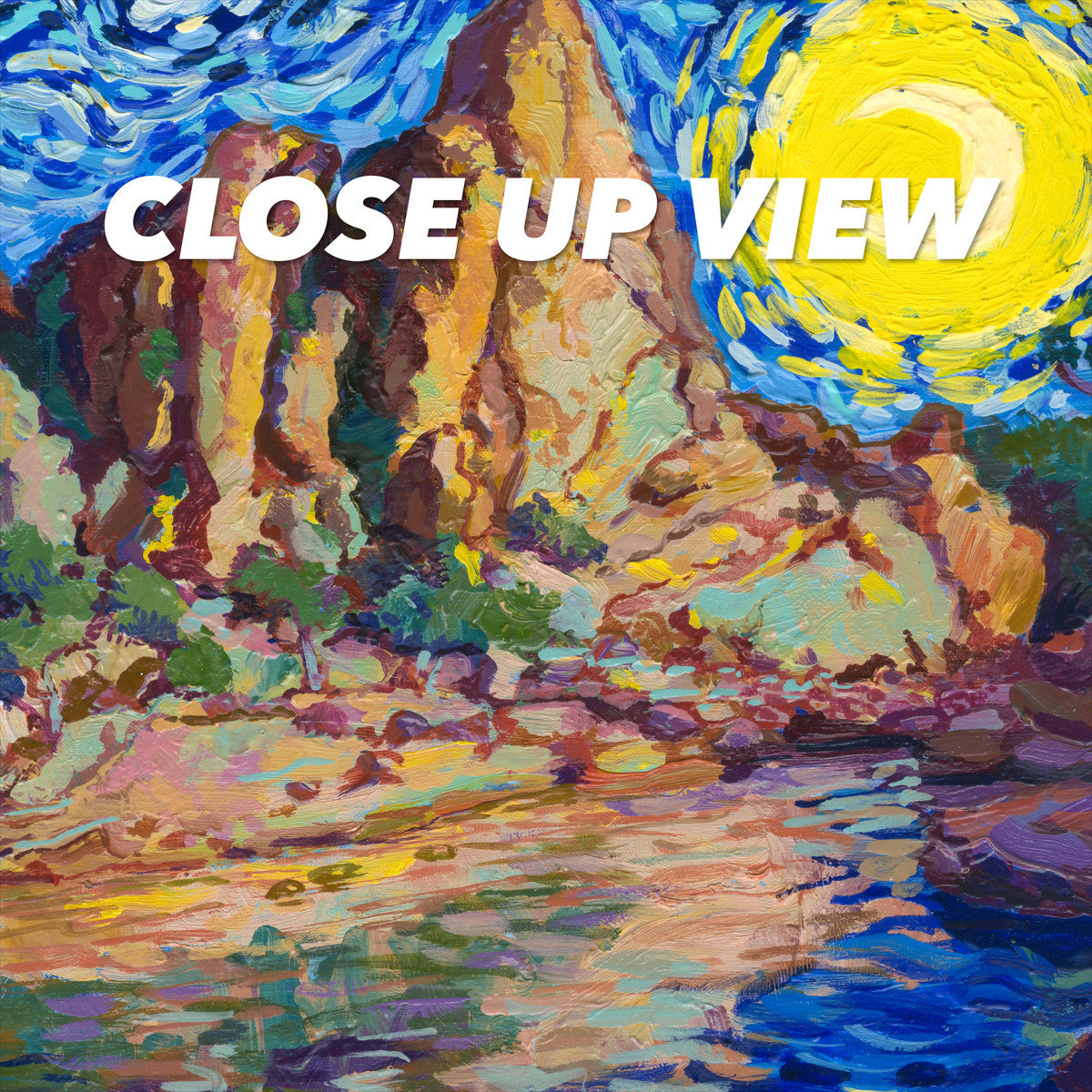 Close-up view of the Pinnacles National Park Starry Night poster artwork, showing colorful Van Gogh-inspired brushwork