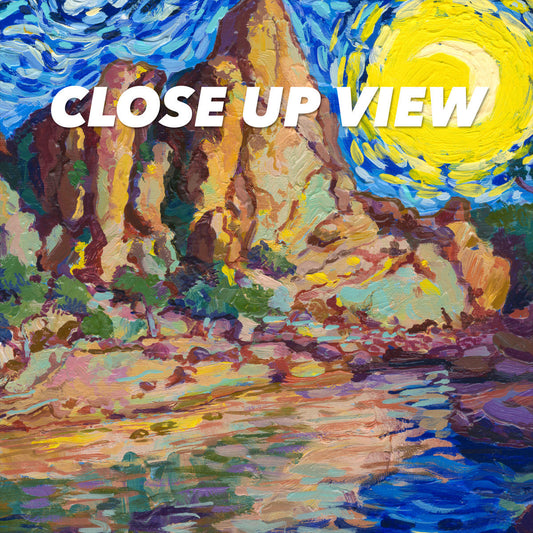 Close-up view of the Pinnacles National Park Starry Night poster artwork, showing colorful Van Gogh-inspired brushwork