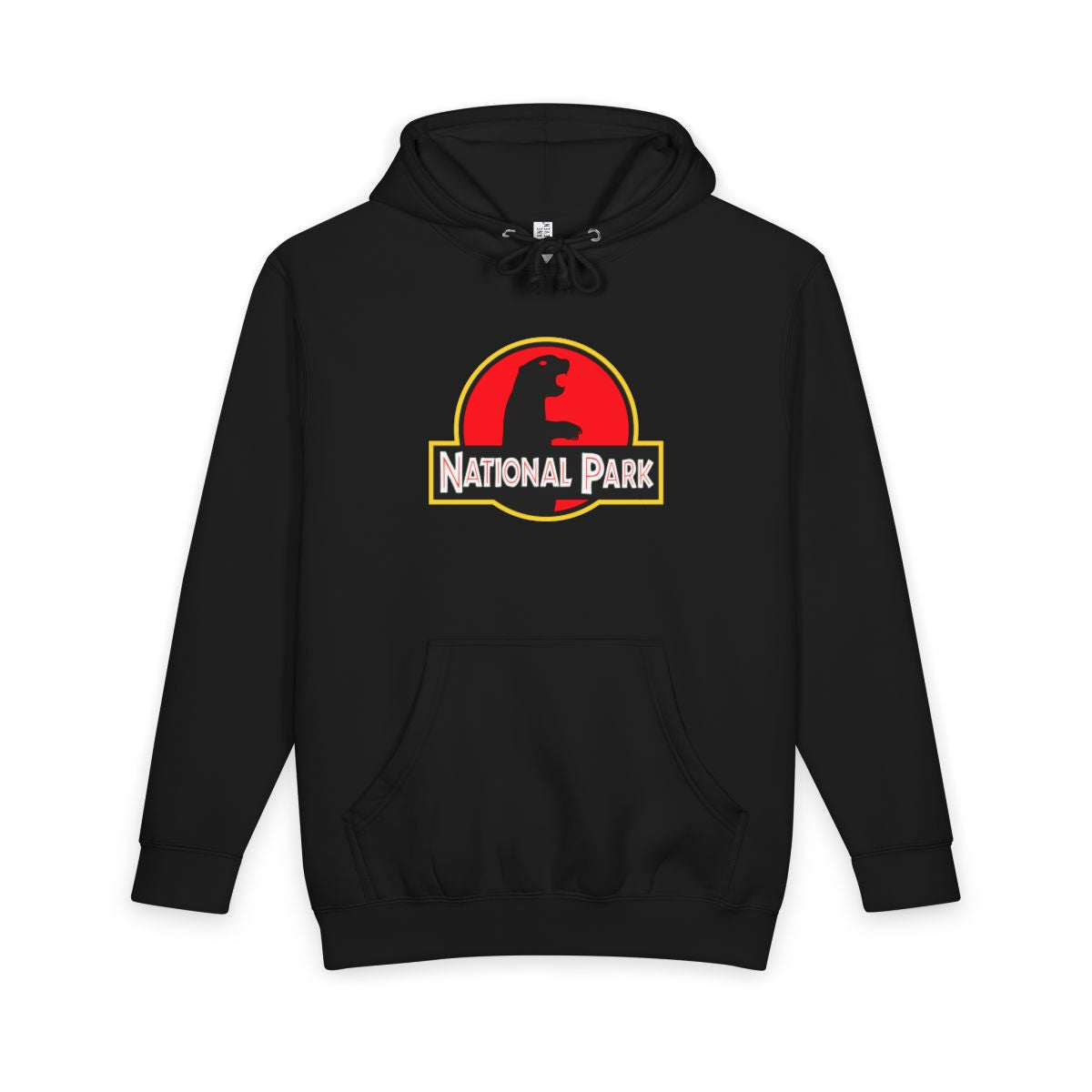 Black Prairie Dog National Park hoodie, front view with parody logo