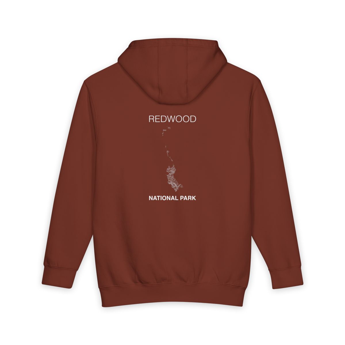 Paprika Redwood National Park hoodie, back view with topographic line design