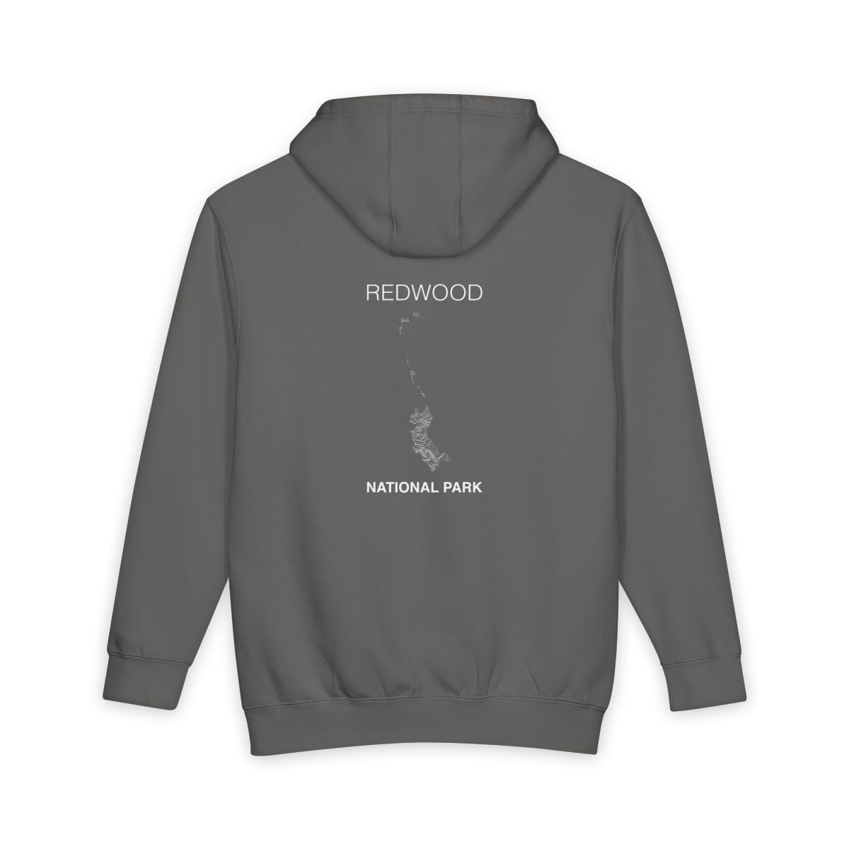 Storm Redwood National Park hoodie, back view with topographic line design