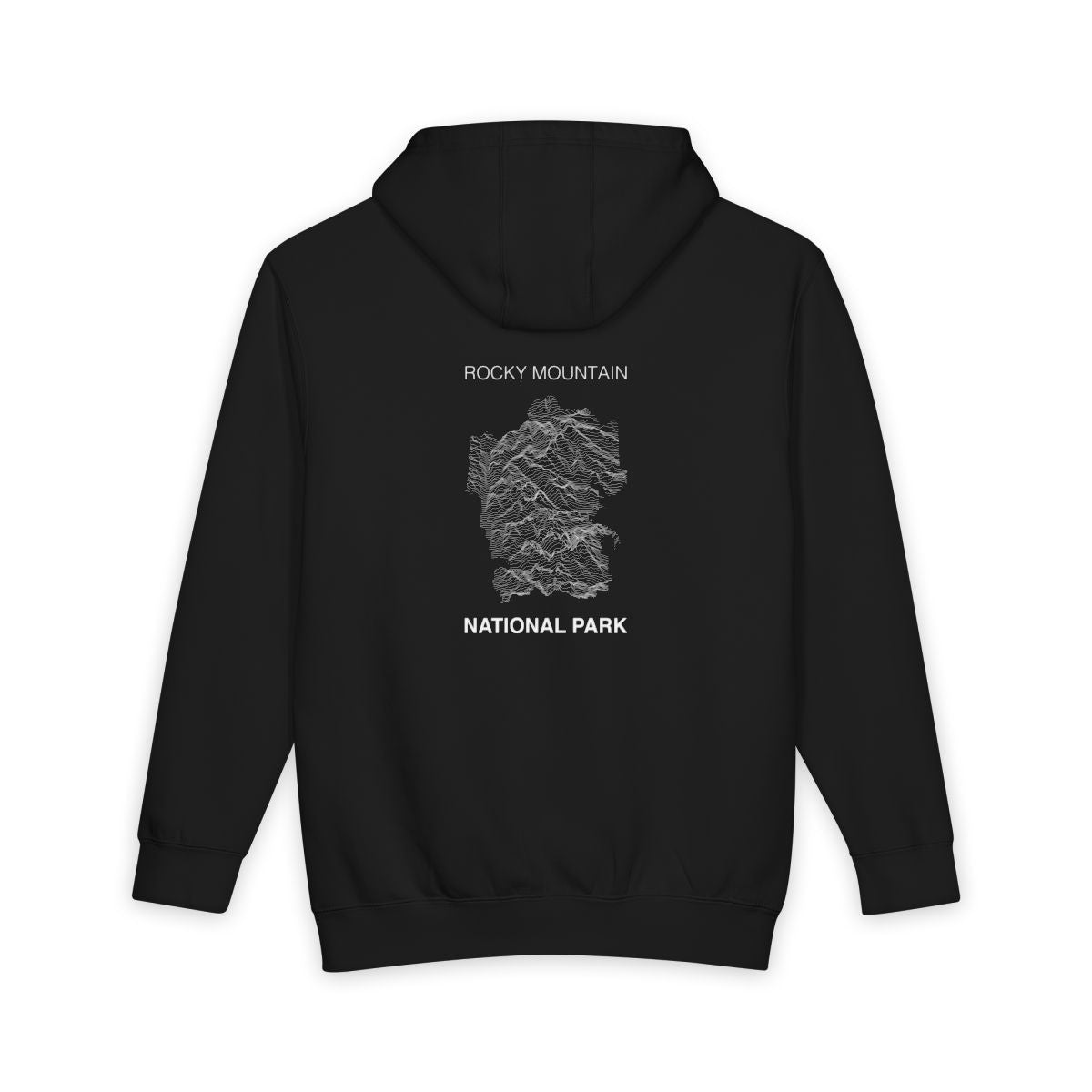 Black Rocky Mountain National Park hoodie, back view with topographic line design