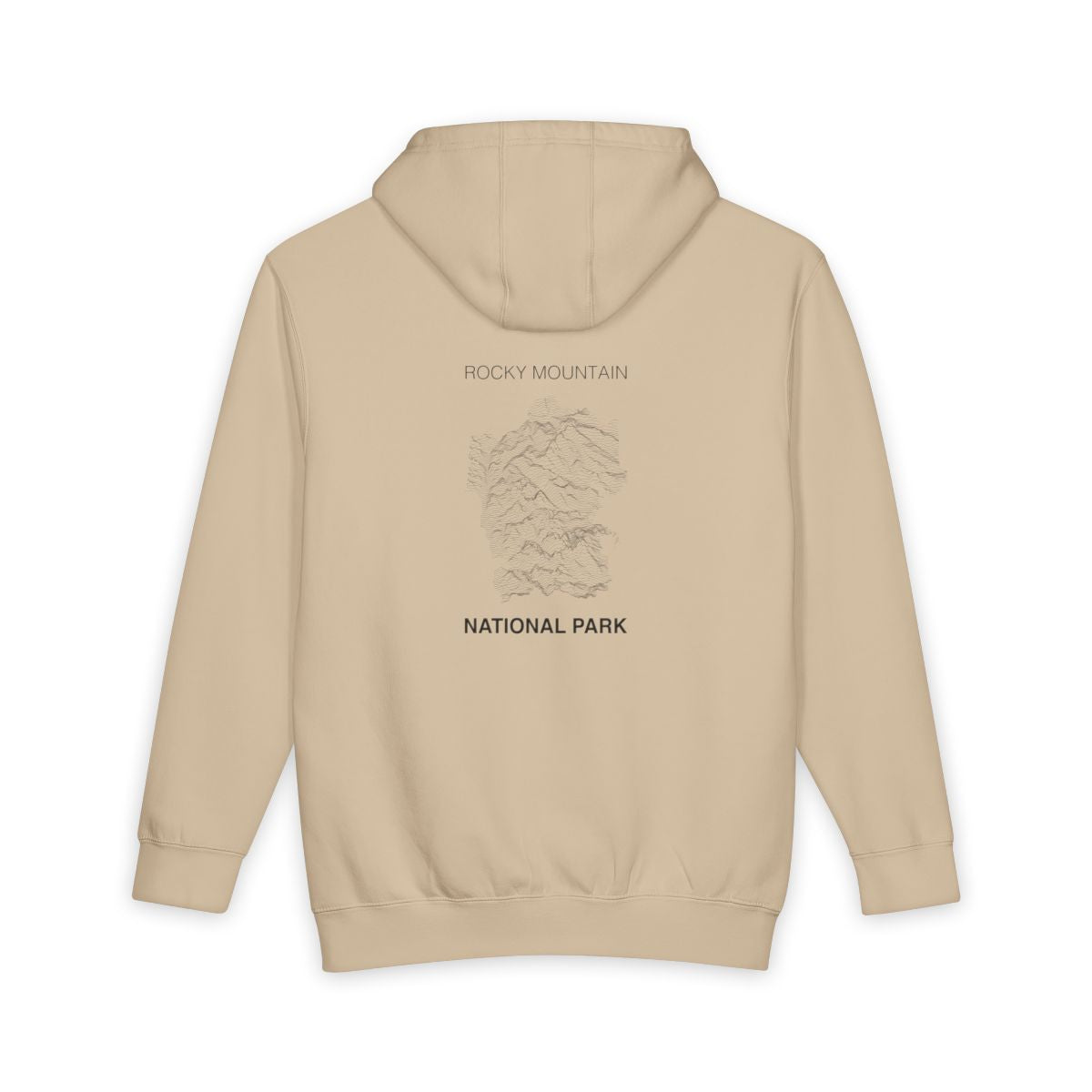 Mushroom Rocky Mountain National Park hoodie, back view with topographic line design