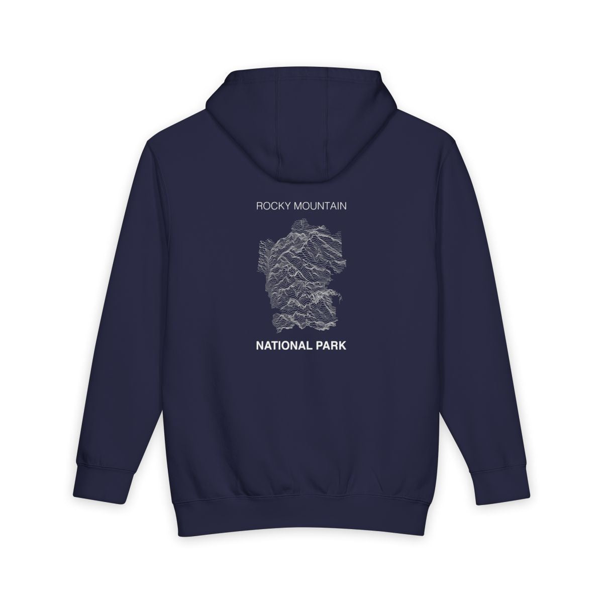 Navy Blue Rocky Mountain National Park hoodie, back view with topographic line design