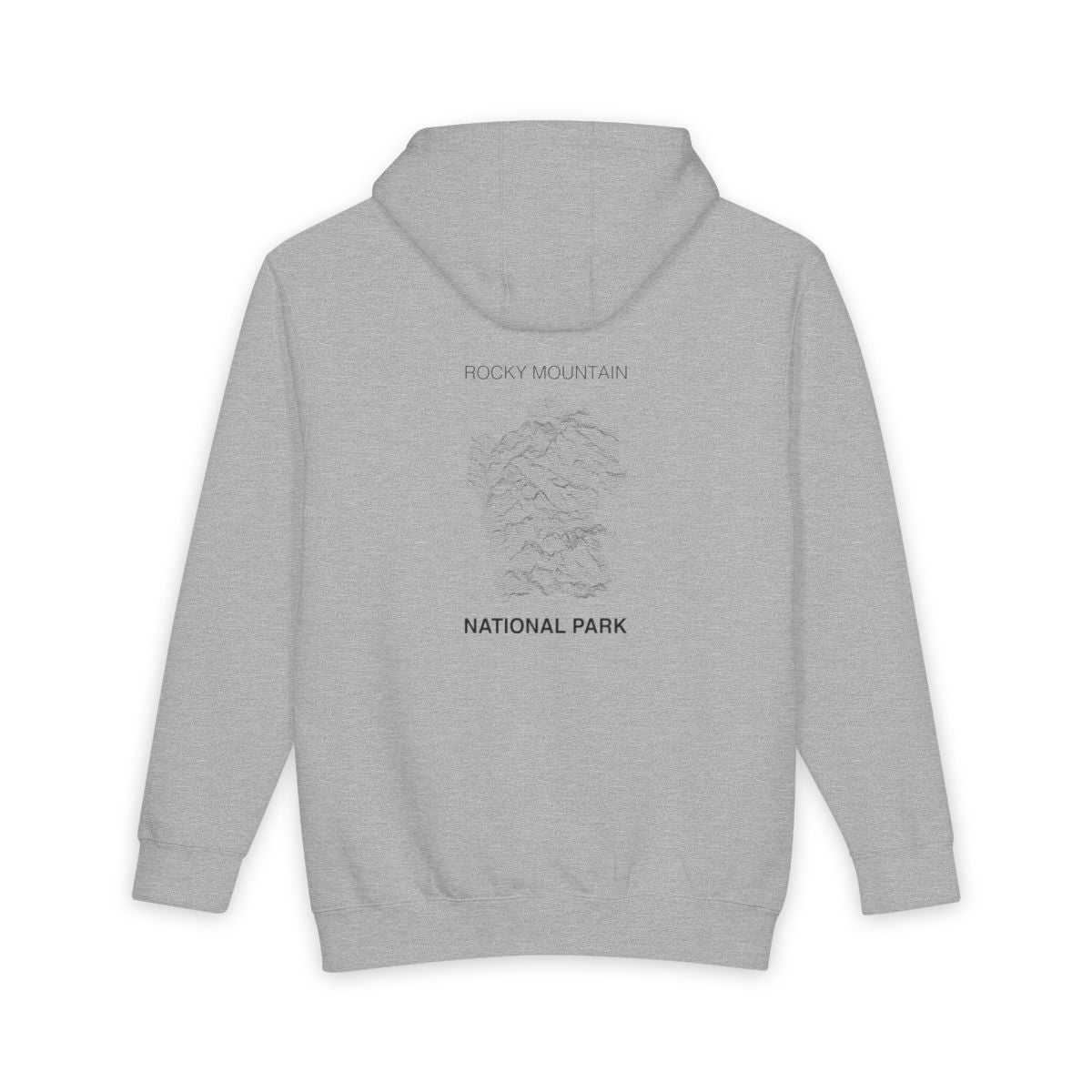 Heather Grey Rocky Mountain National Park hoodie, back view with topographic line design
