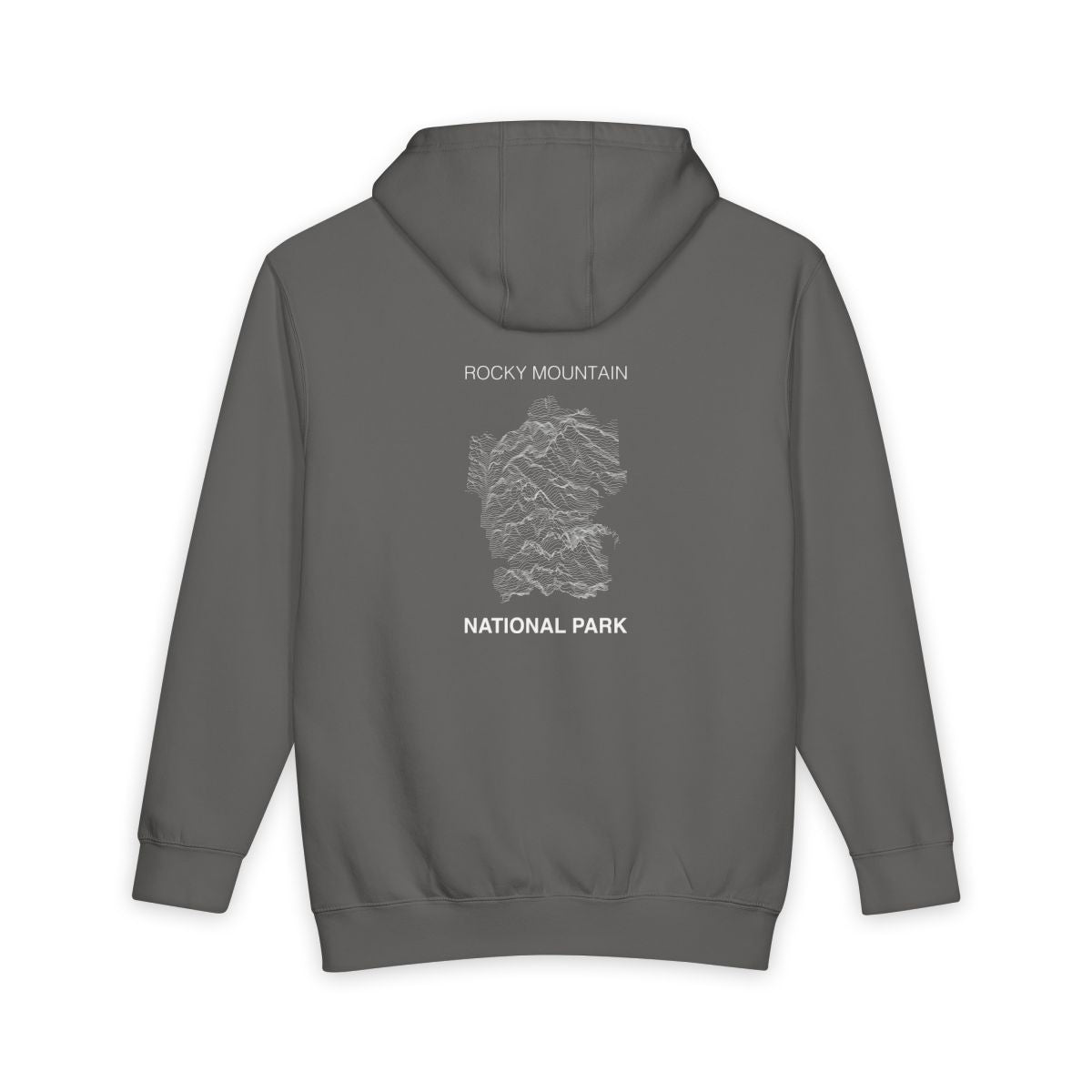 Storm Rocky Mountain National Park hoodie, back view with topographic line design