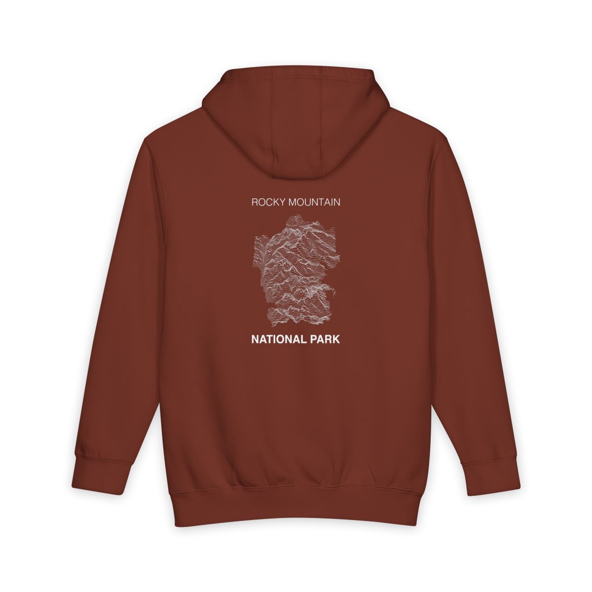 Paprika Rocky Mountain National Park hoodie, back view with topographic line design