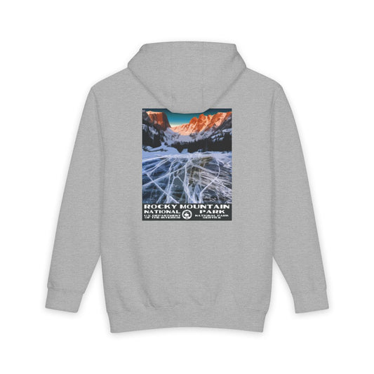 Heather Grey Rocky Mountain National Park hoodie, back view with national park poster artwork