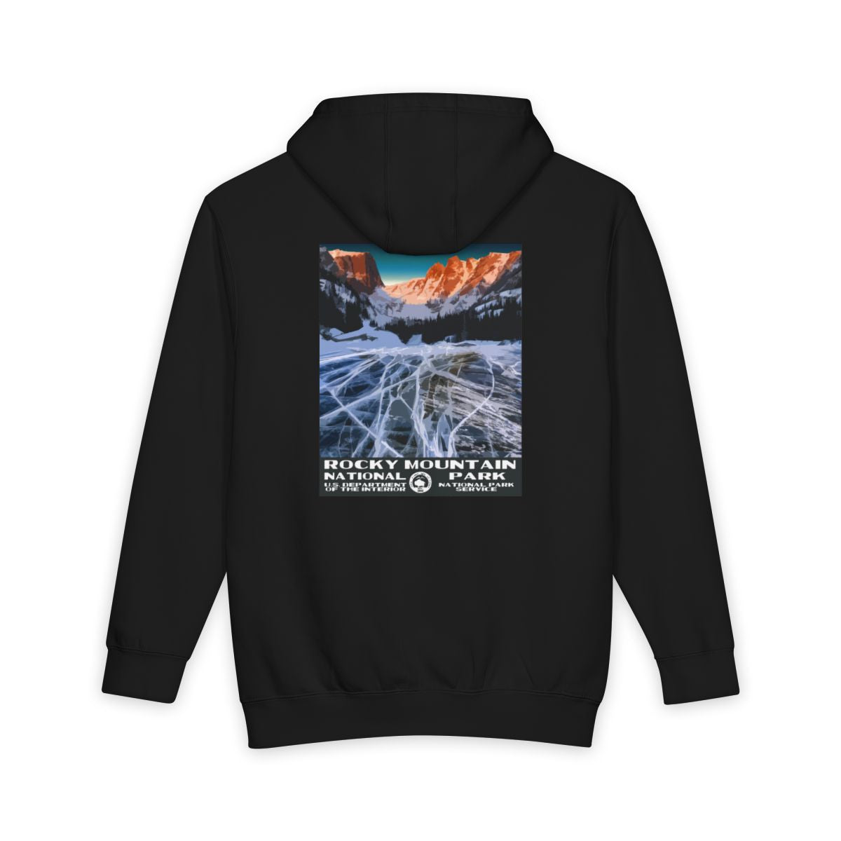 Black Rocky Mountain National Park hoodie, back view with national park poster artwork