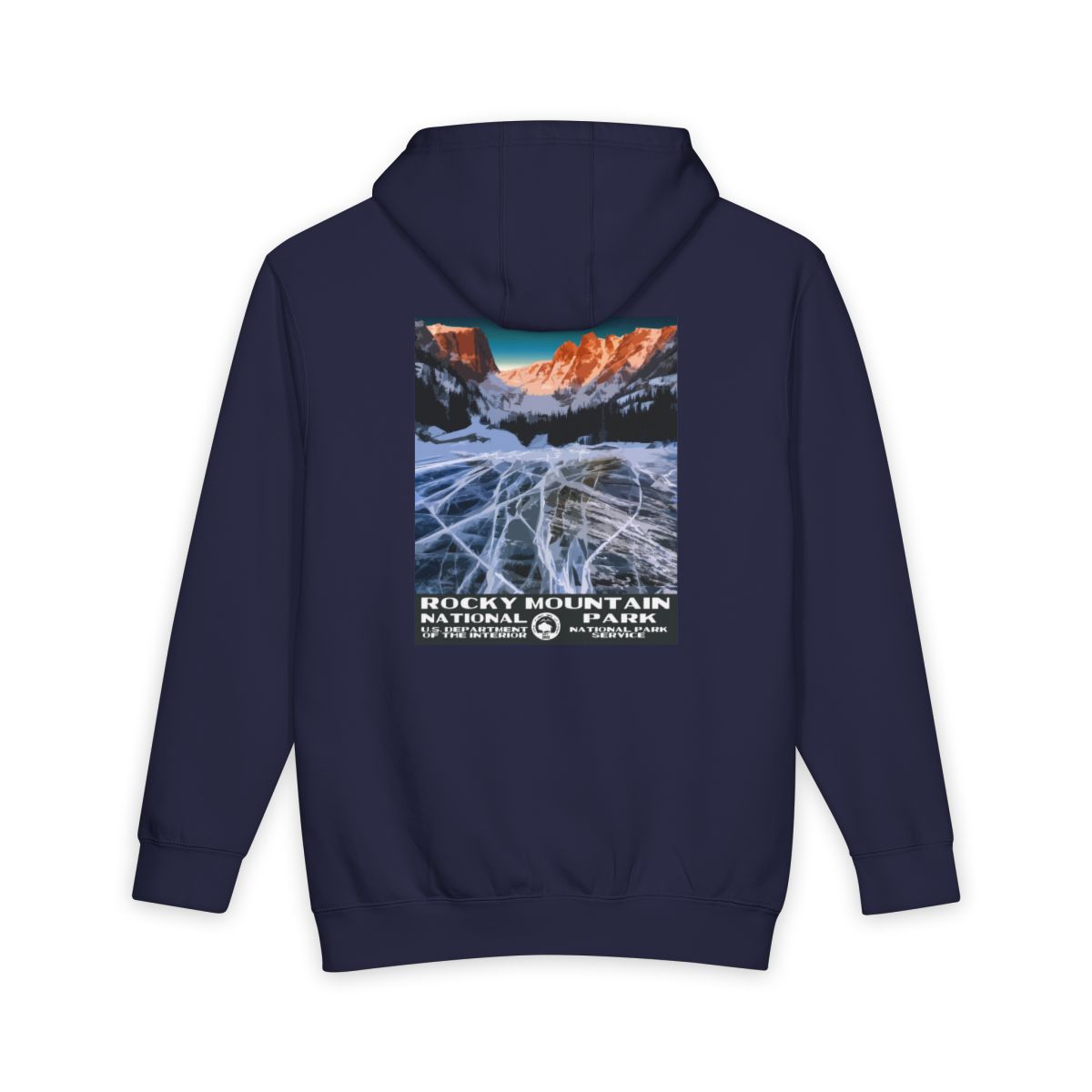 Navy Blue Rocky Mountain National Park hoodie, back view with national park poster artwork