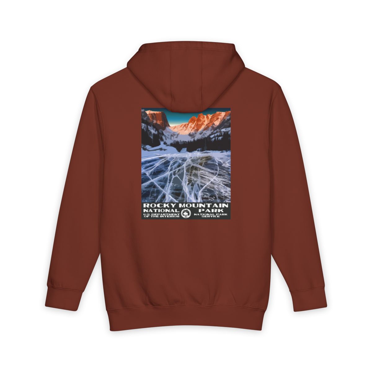 Paprika Rocky Mountain National Park hoodie, back view with national park poster artwork