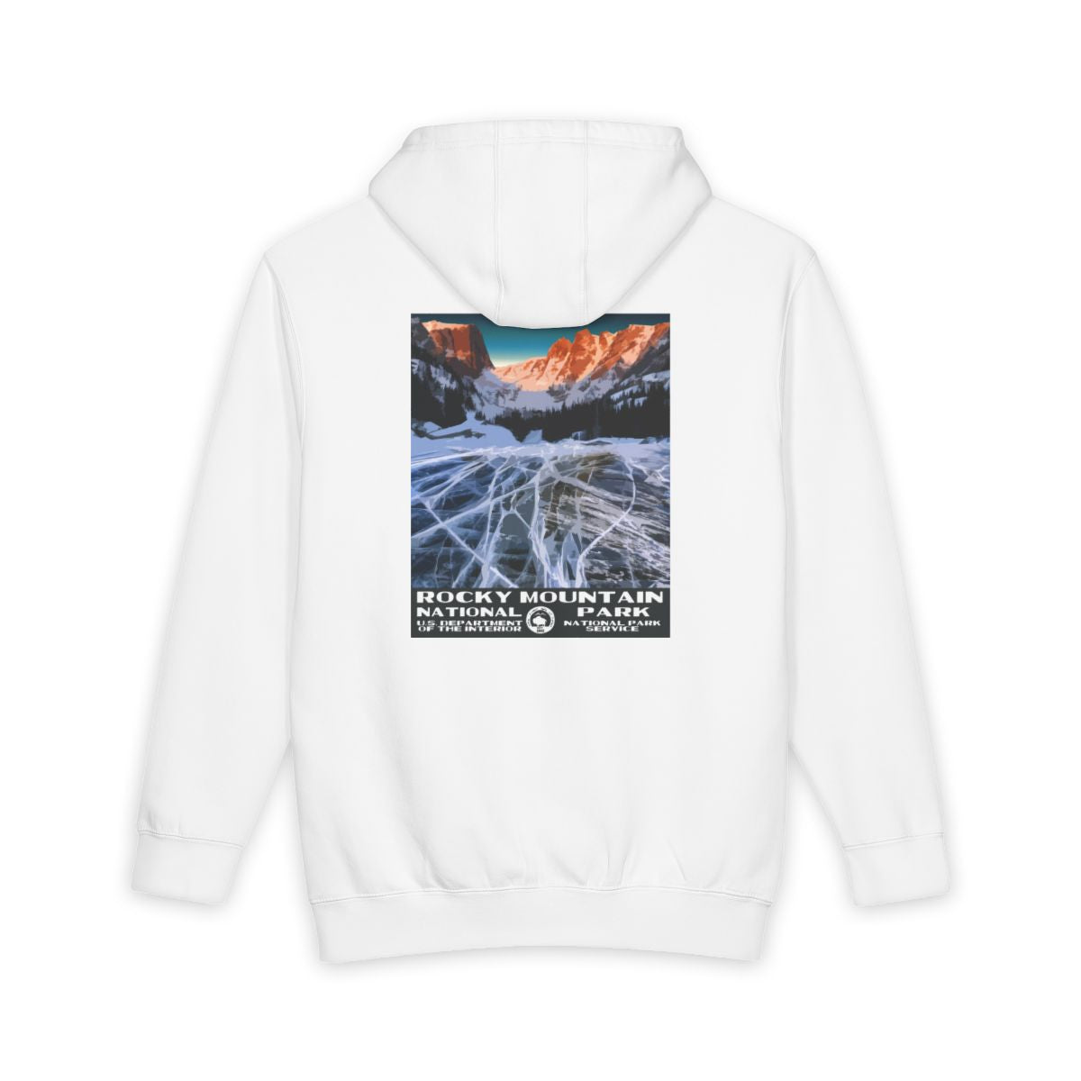 White Rocky Mountain National Park hoodie, back view with national park poster artwork