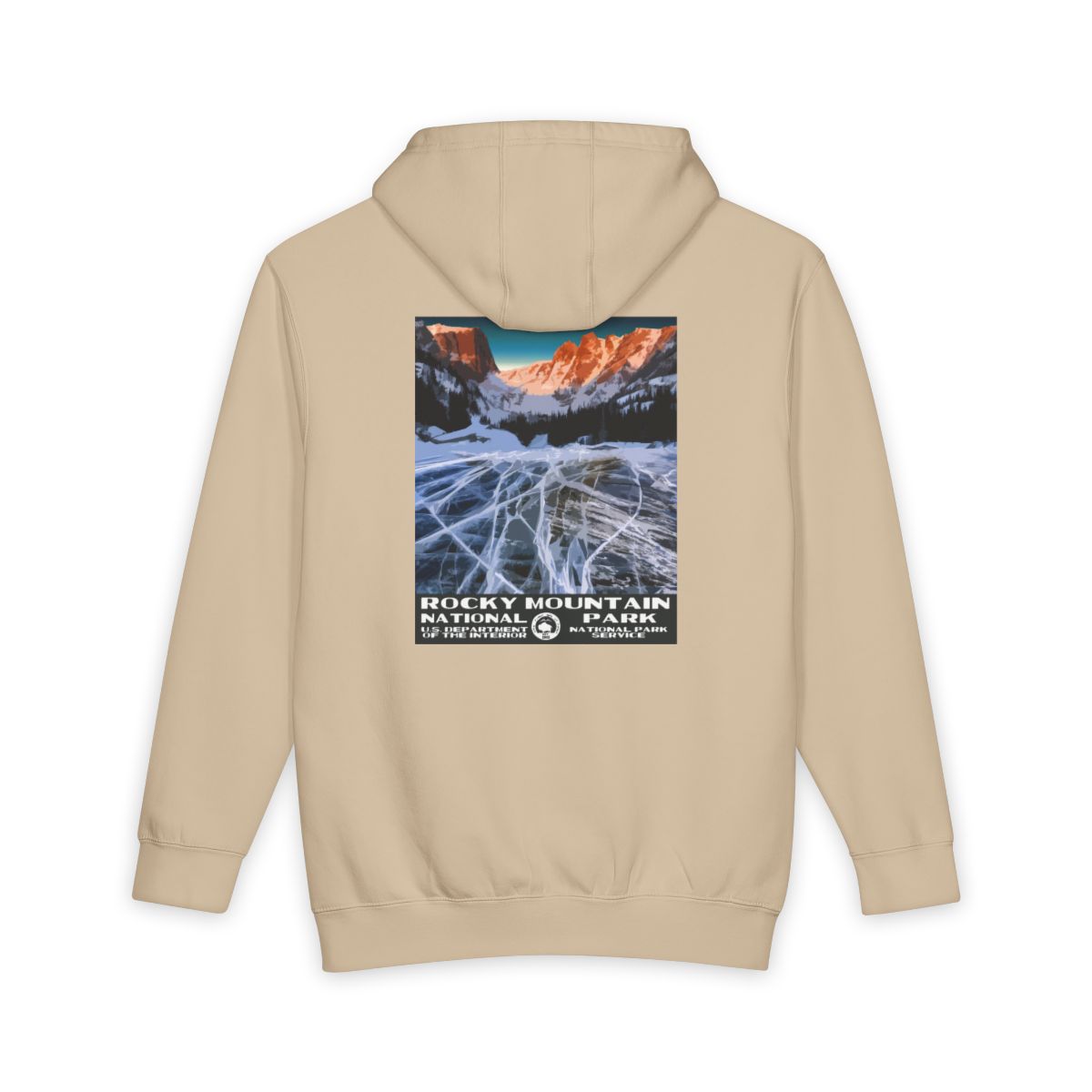 Mushroom Rocky Mountain National Park hoodie, back view with national park poster artwork
