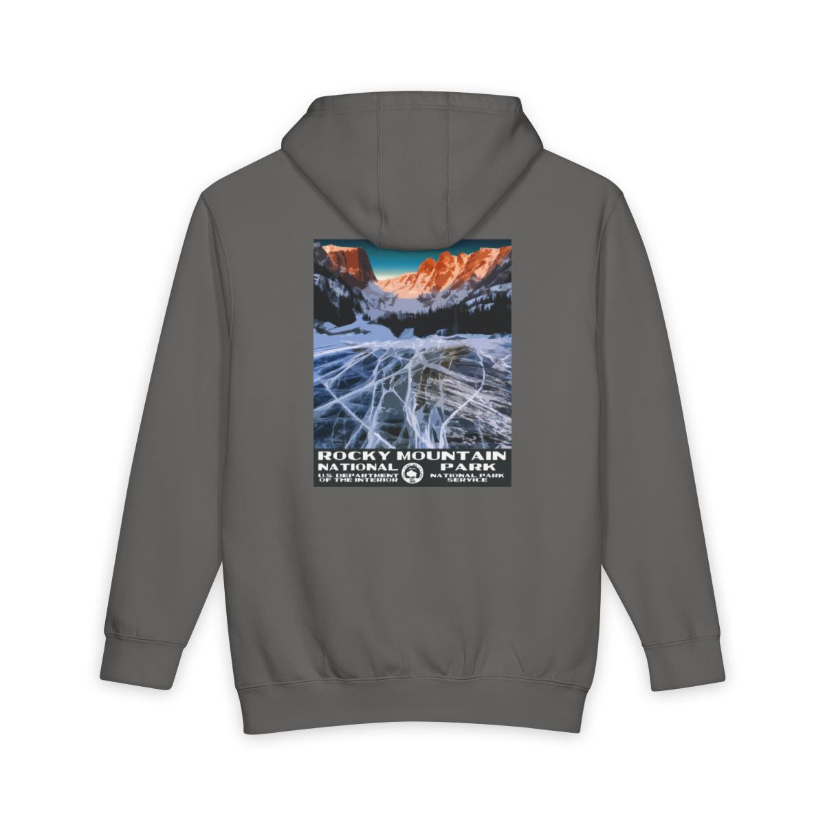 Storm Rocky Mountain National Park hoodie, back view with national park poster artwork