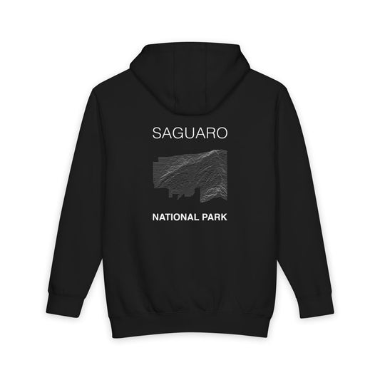 Black Saguaro National Park hoodie, back view with topographic line design