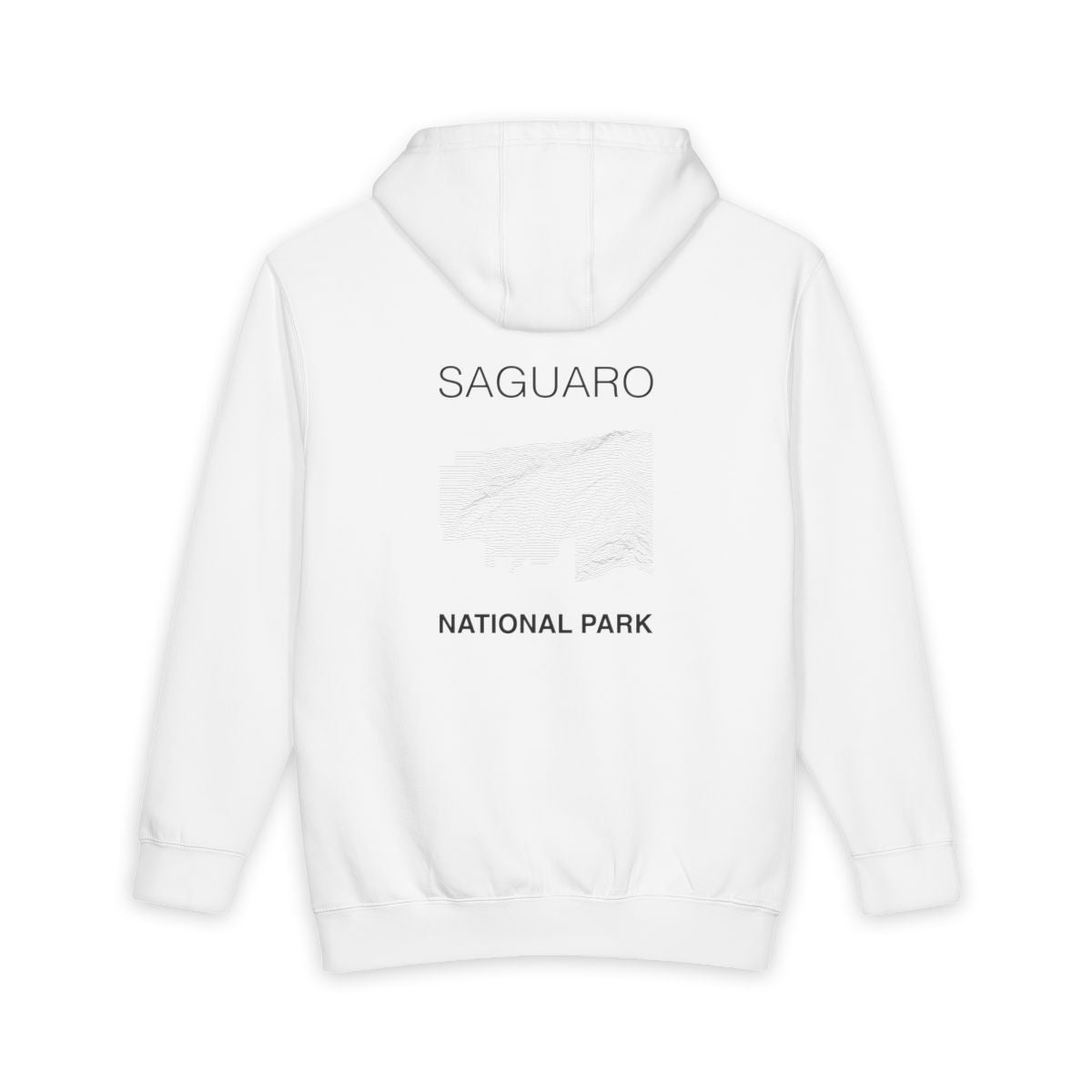 White Saguaro National Park hoodie, back view with topographic line design