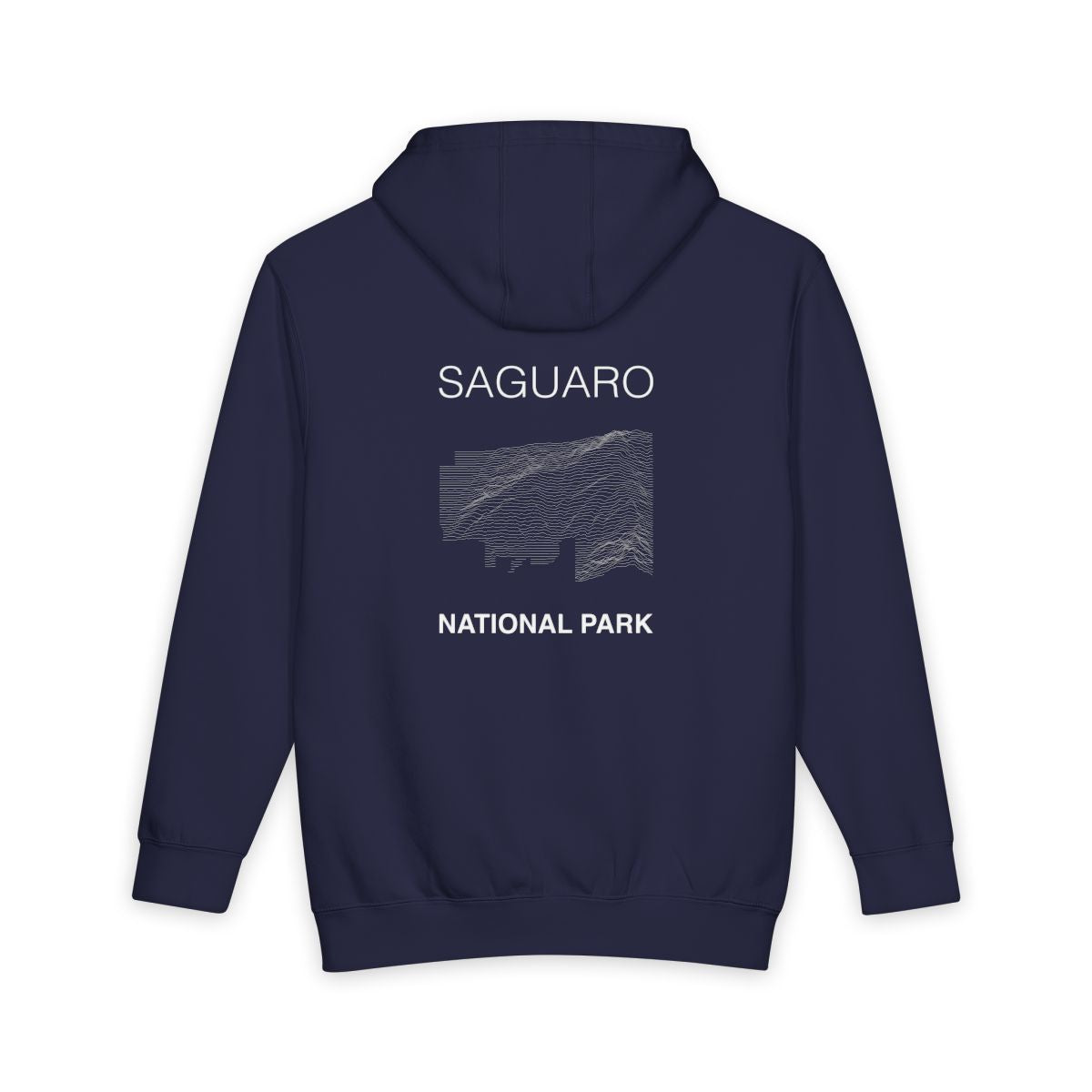 Navy Blue Saguaro National Park hoodie, back view with topographic line design