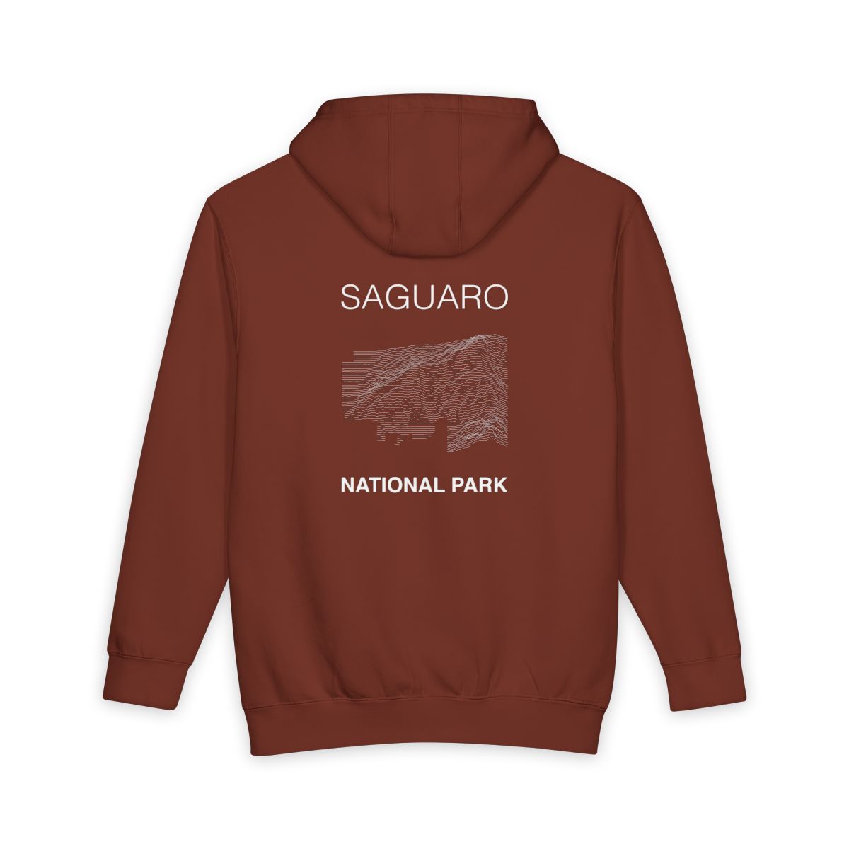 Paprika Saguaro National Park hoodie, back view with topographic line design