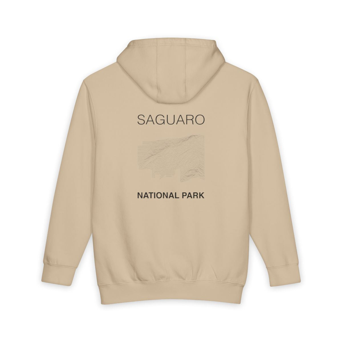 Mushroom Saguaro National Park hoodie, back view with topographic line design