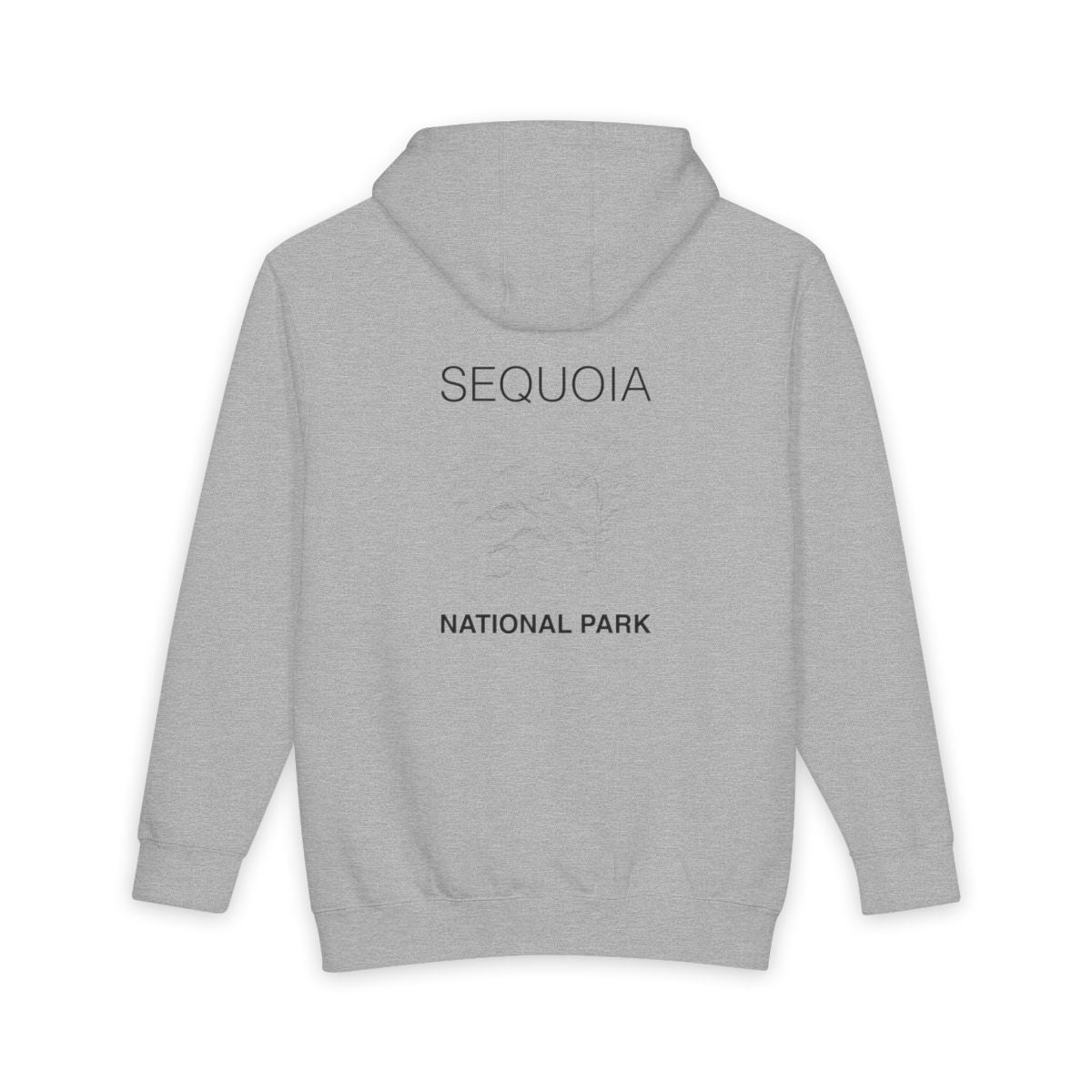 Heather Grey Sequoia National Park hoodie, back view with topographic line design