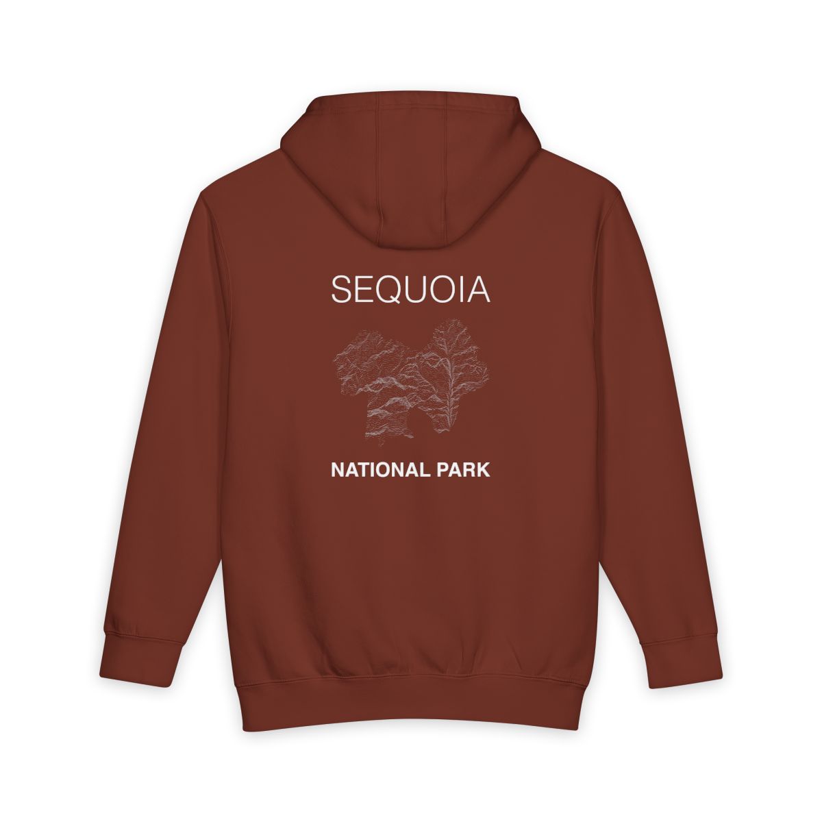 Paprika Sequoia National Park hoodie, back view with topographic line design