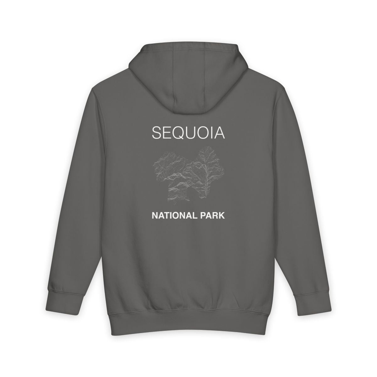 Storm Sequoia National Park hoodie, back view with topographic line design