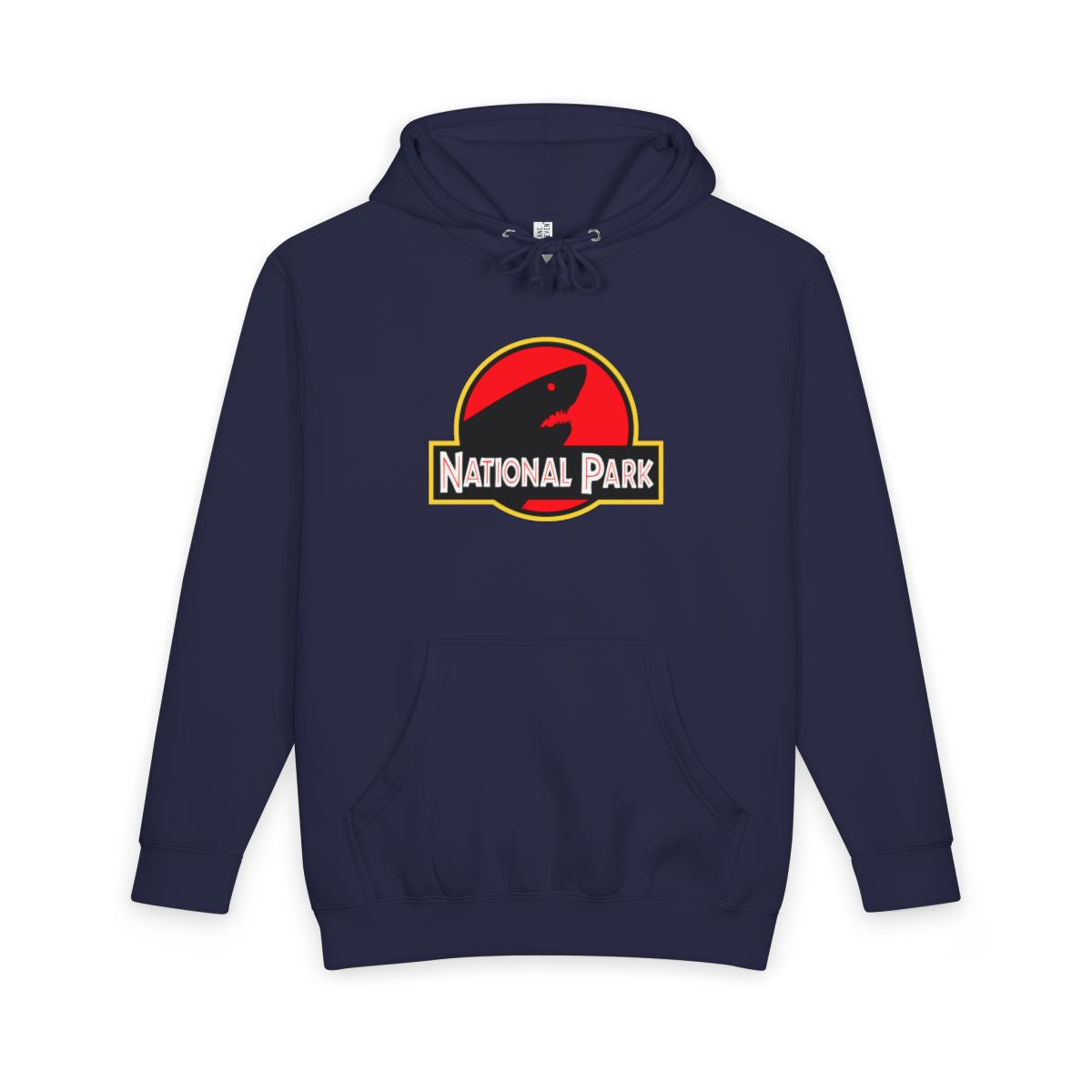 Navy Blue Shark National Park hoodie, front view with parody logo