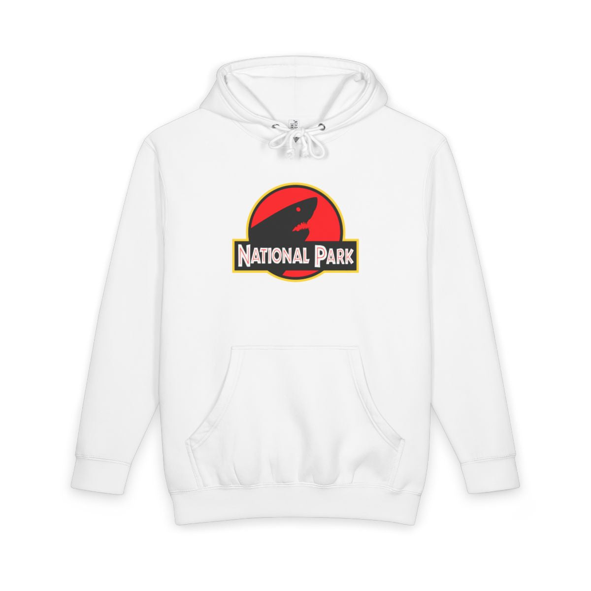 White Shark National Park hoodie, front view with parody logo