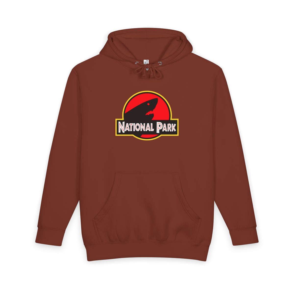 Paprika Shark National Park hoodie, front view with parody logo