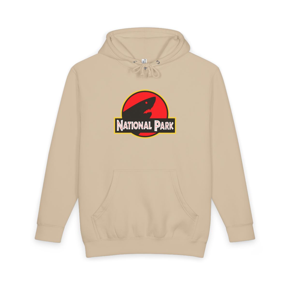 Mushroom Shark National Park hoodie, front view with parody logo
