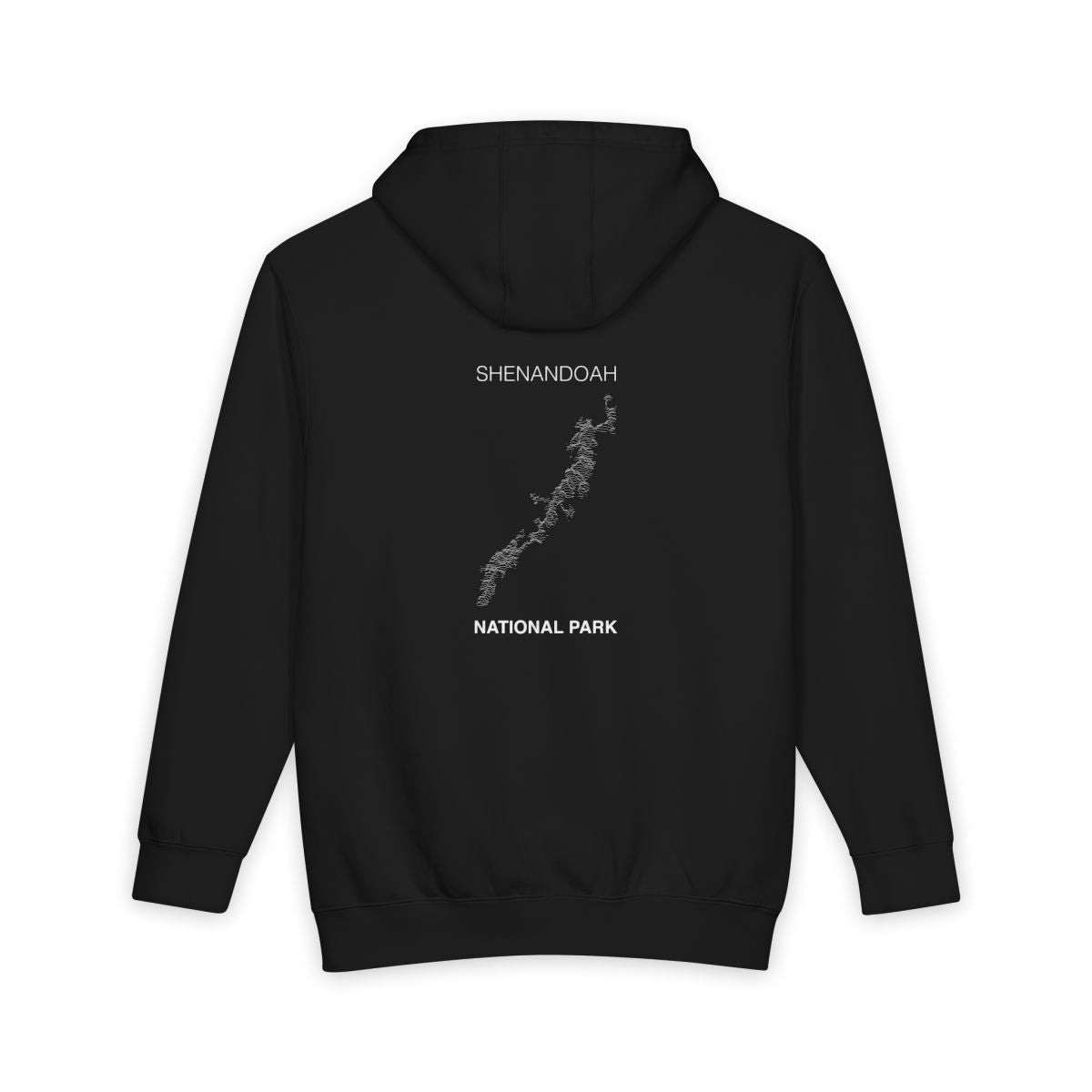 Black Shenandoah National Park hoodie, back view with topographic line design