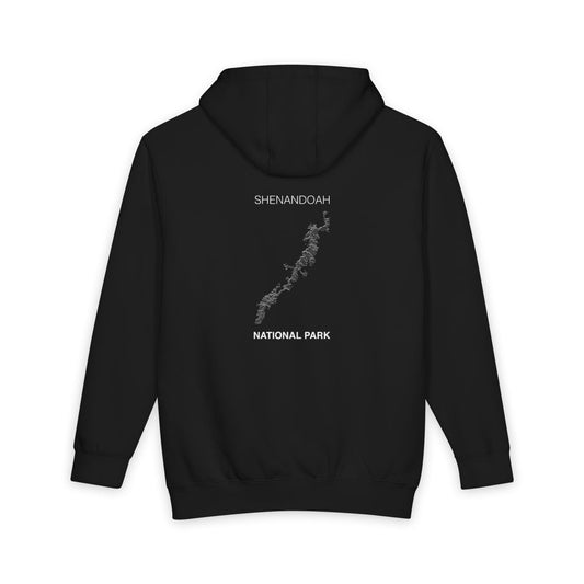 Black Shenandoah National Park hoodie, back view with topographic line design