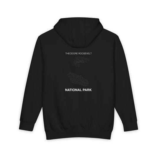 Black Theodore Roosevelt National Park hoodie, back view with topographic line design