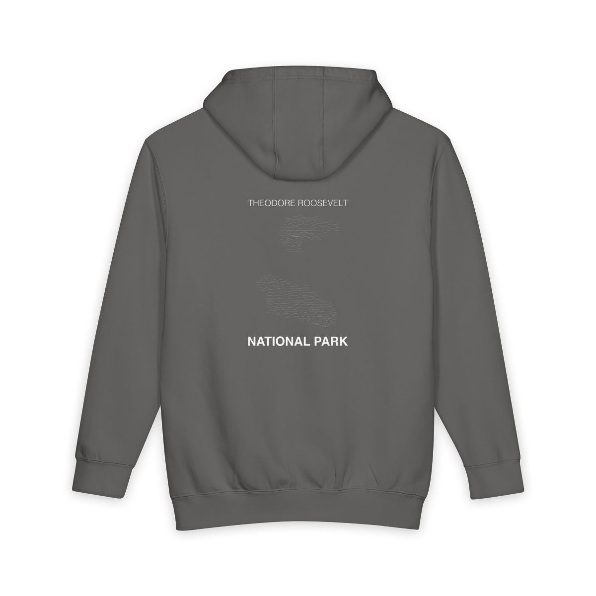 Storm Theodore Roosevelt National Park hoodie, back view with topographic line design
