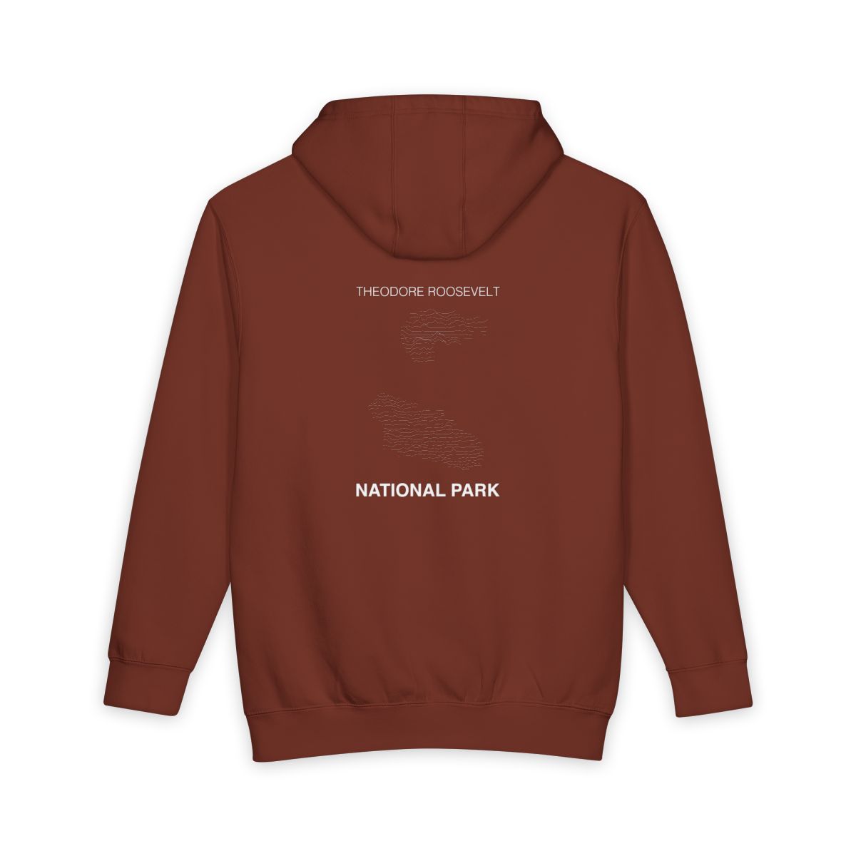 Paprika Theodore Roosevelt National Park hoodie, back view with topographic line design