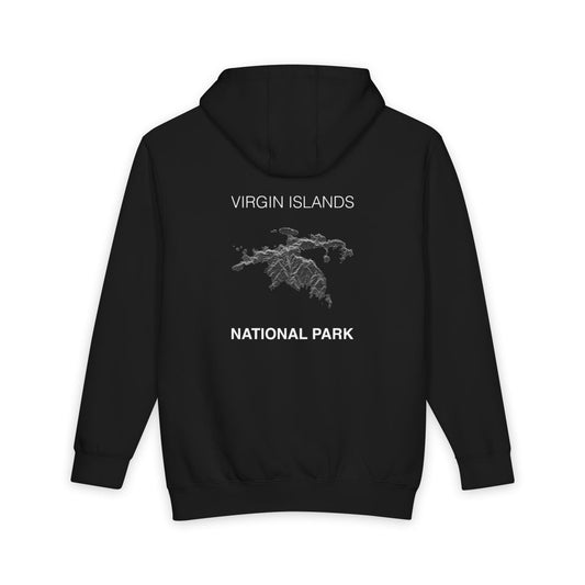 Black Virgin Islands National Park hoodie, back view with topographic line design