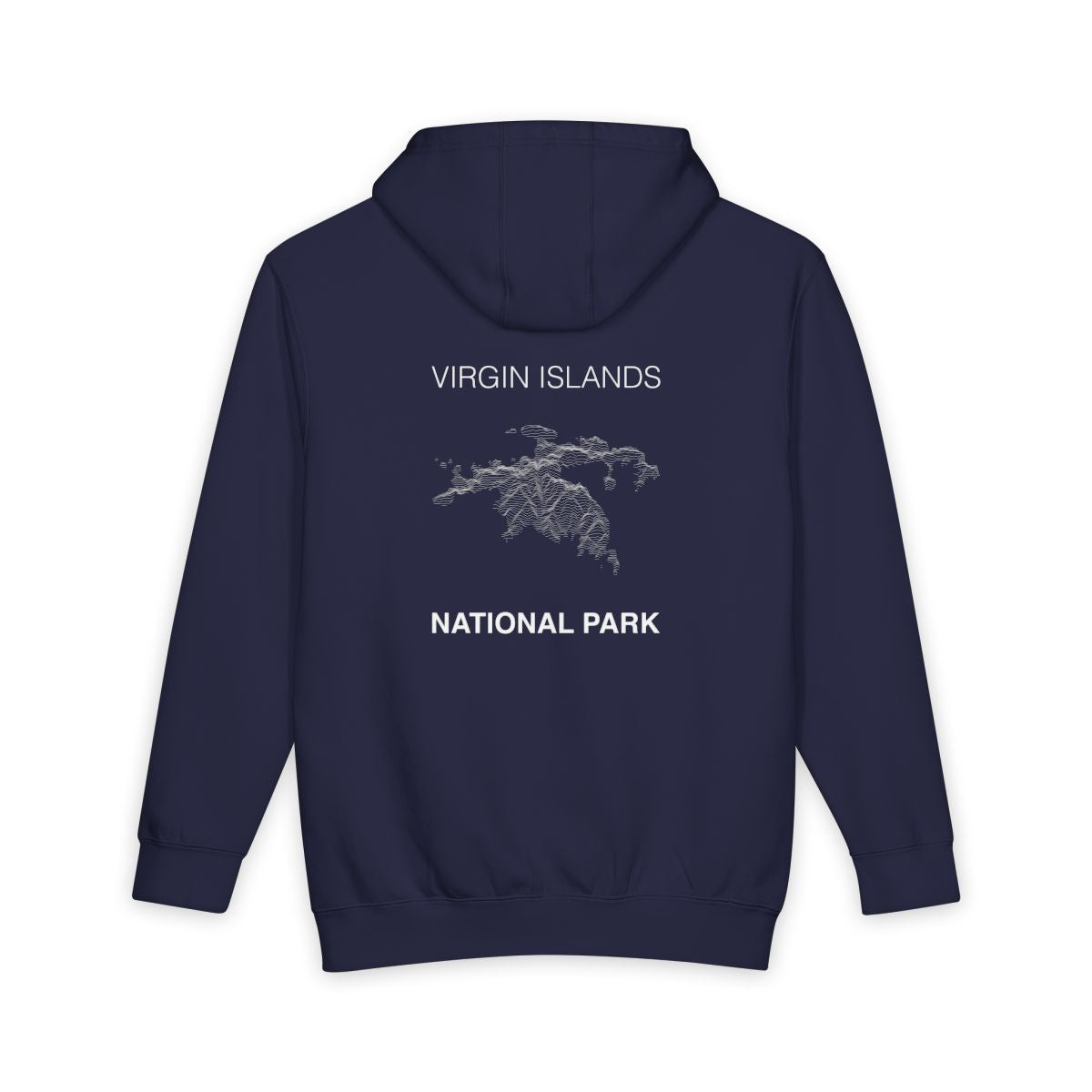 Navy Blue Virgin Islands National Park hoodie, back view with topographic line design
