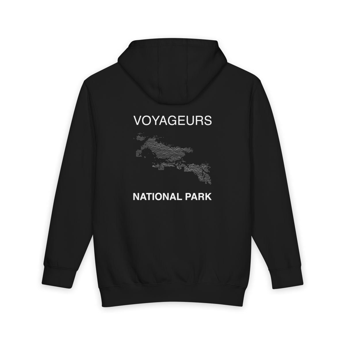 Black Voyageurs National Park hoodie, back view with topographic line design