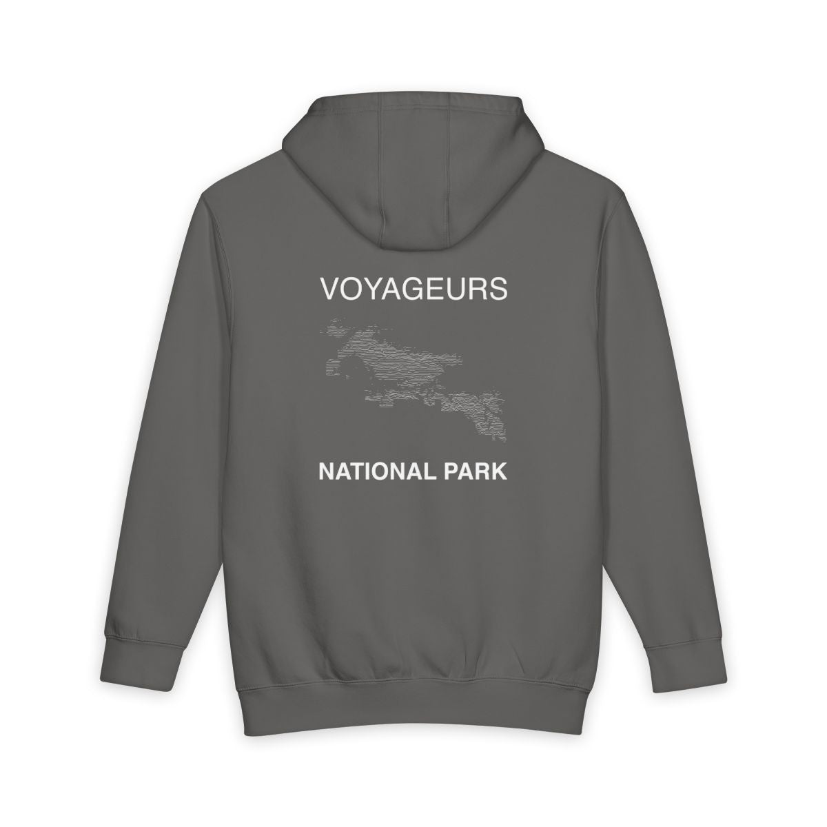 Storm Voyageurs National Park hoodie, back view with topographic line design